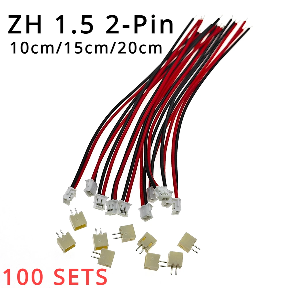 100 SETS Mini Micro ZH 1.5 2-Pin JST Connector with Wires Cable 100mm/150mm/200mm