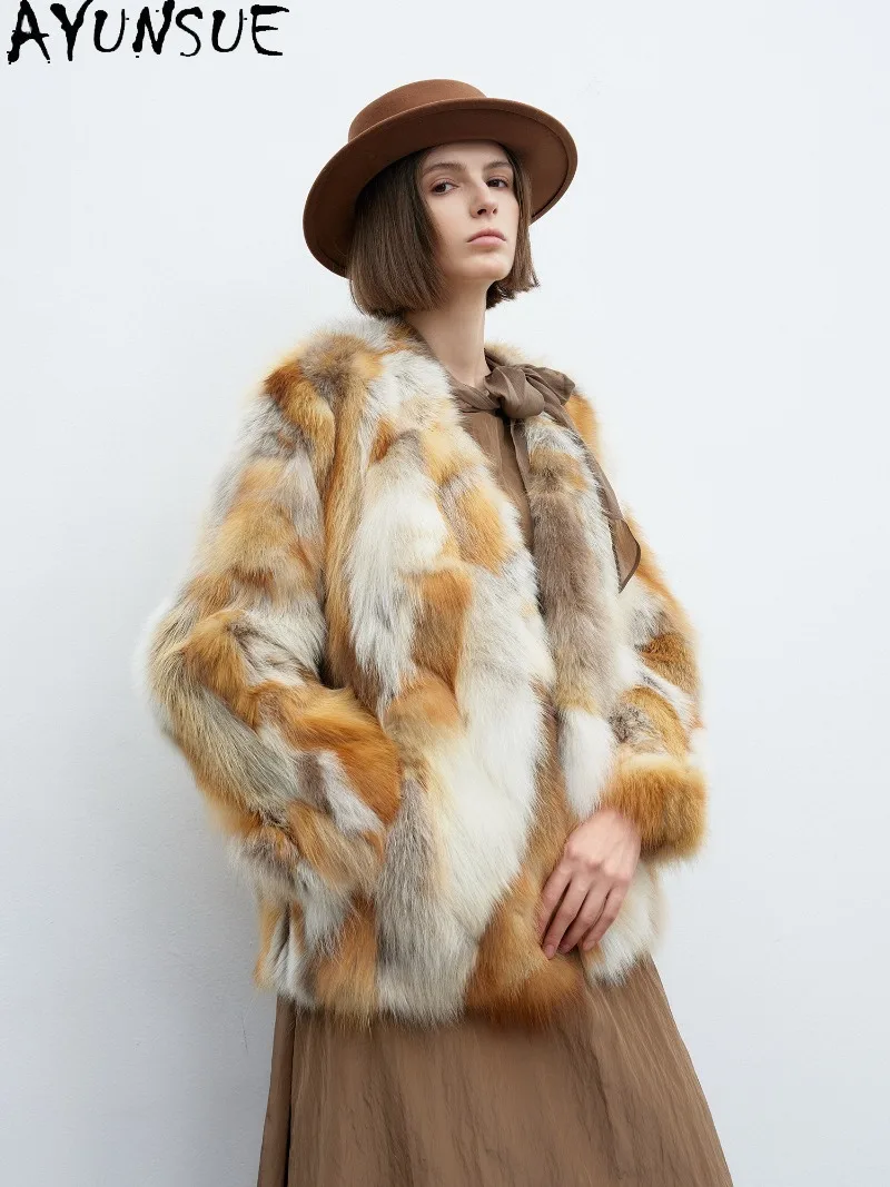 AYUNSUE Genuine Red Fox Fur Womens Coat Mid-length Real Fur Coats Slim Fit V-neck Clothing Warm Winter Clothes Ladies Luxurious