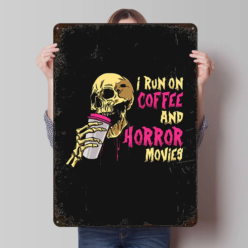 Skull Drinking Coffee and Watching Metal Poster Customized Wall Art Retro Vintage Tinplate Signs for Home Decoration Gaming Room