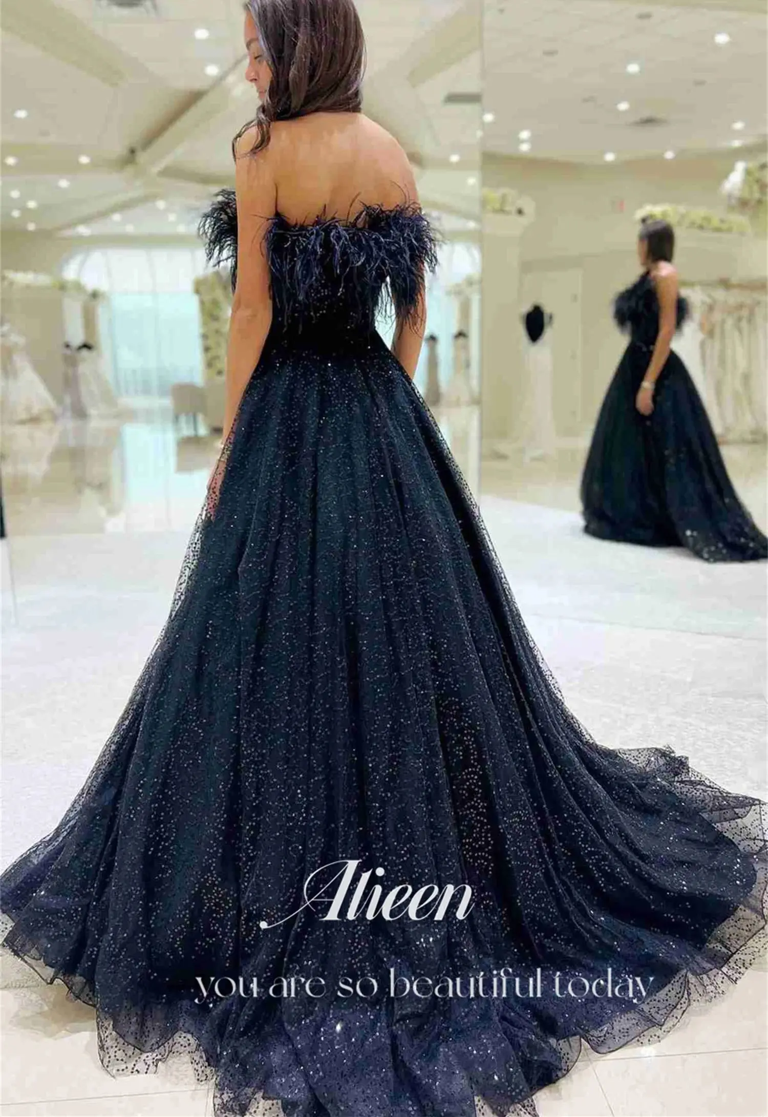 Aileen Navy Shiny A-Line Feather Luxury Elegant Evening Dresses for Women 2023 Dress Luxurious Women\'s Party Long Gala Saudi New