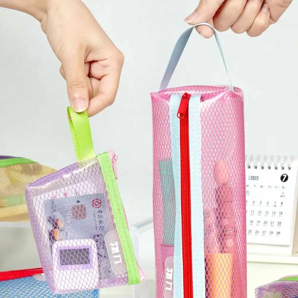 Portable Mesh Pencil Case Large Capacity Marker Pouch Stationery Storage Pouch Zipper Triangular Transparent Pencil Bag