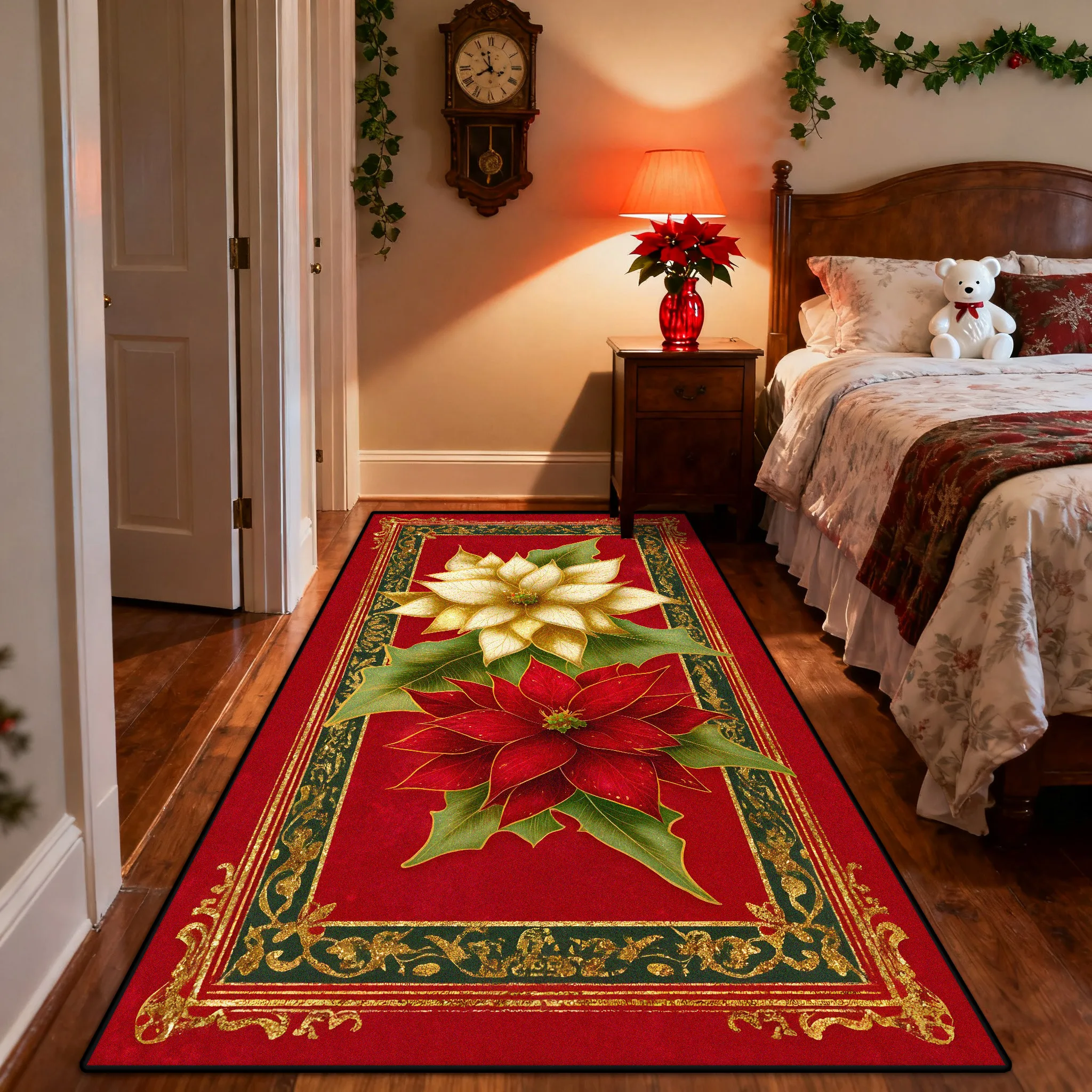 

European Style Red Golden Green Flower Bedroom Bedside Large Rugs Living Room Kitchen Aisle Carpet Antiskid Washable Runner Mat