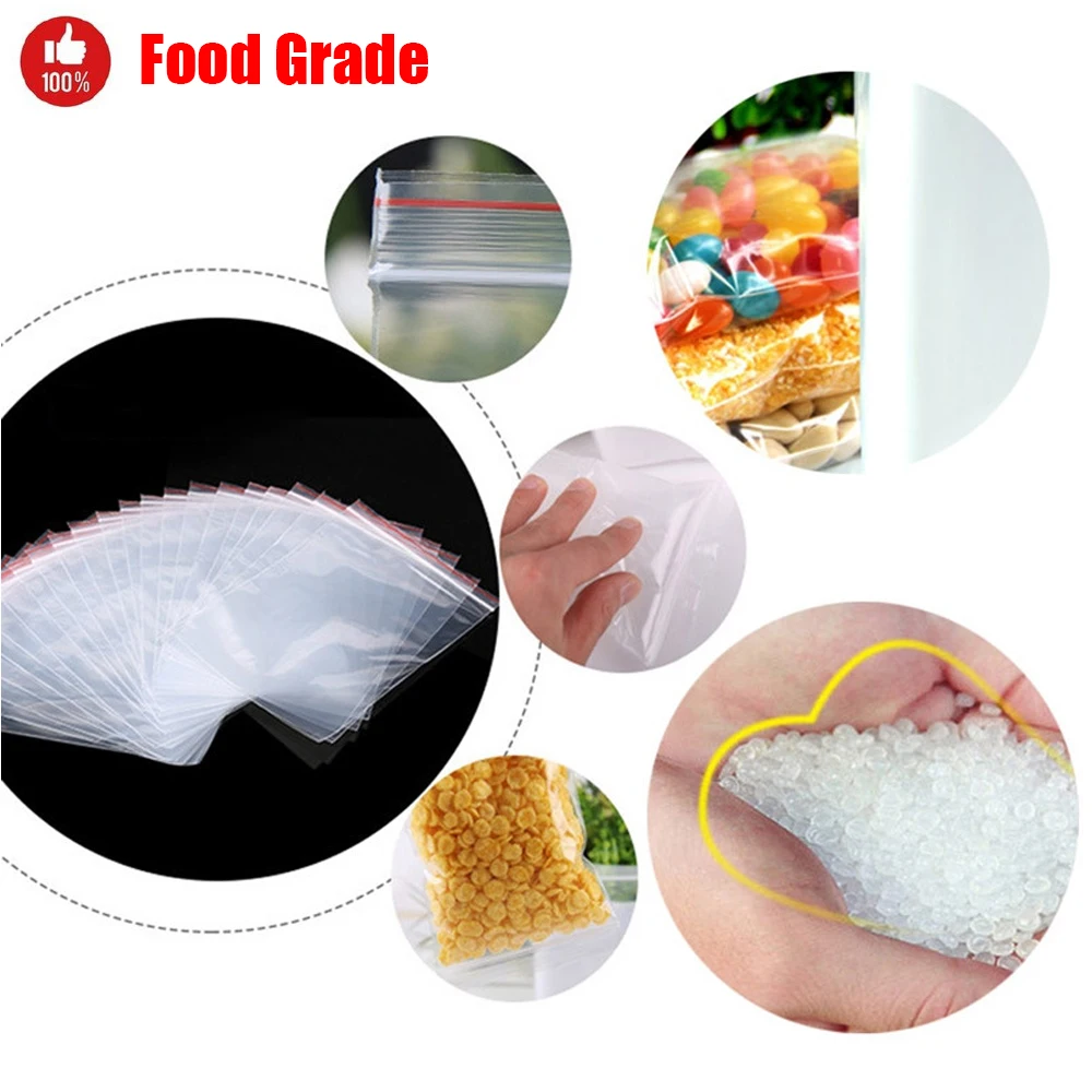 100PCS 0.05mm Thickness Transparent Resealable Zipper Poly Bags Plastic Reclosable Storage Food Bags Vacuum Fresh Organize Bag