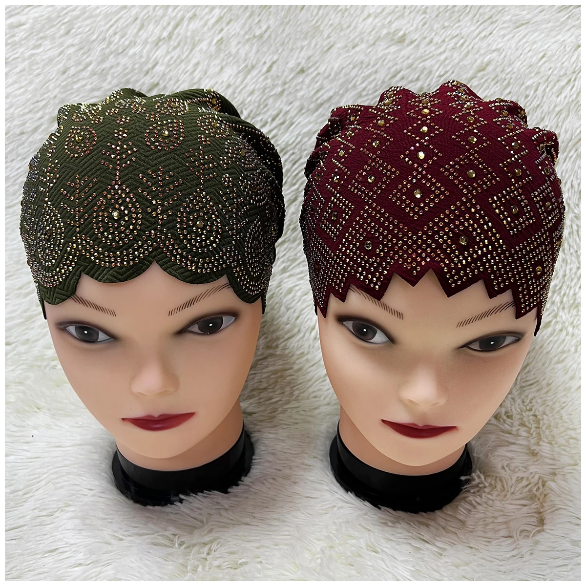 6/12 Pieces Wholesale Order Fashion Muslim Female Turban Hat Velvet Hot Rhinestone Solid Indian Beanie Hair Bonnet Cap For Women