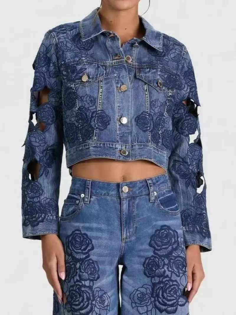 Women Heavy Embroidery Hollow Out Coat Turn-down Collar Long Sleeve Single Breasted Casual Female Cotton Denim Jacket