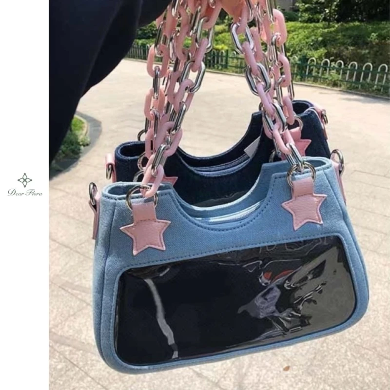 Y2K Vintage Korean Japanese Fashion Shoulder Underarm Harajuku Star Tote Denim Bag Women Chain Bag Zip Purses Messenger Handbag