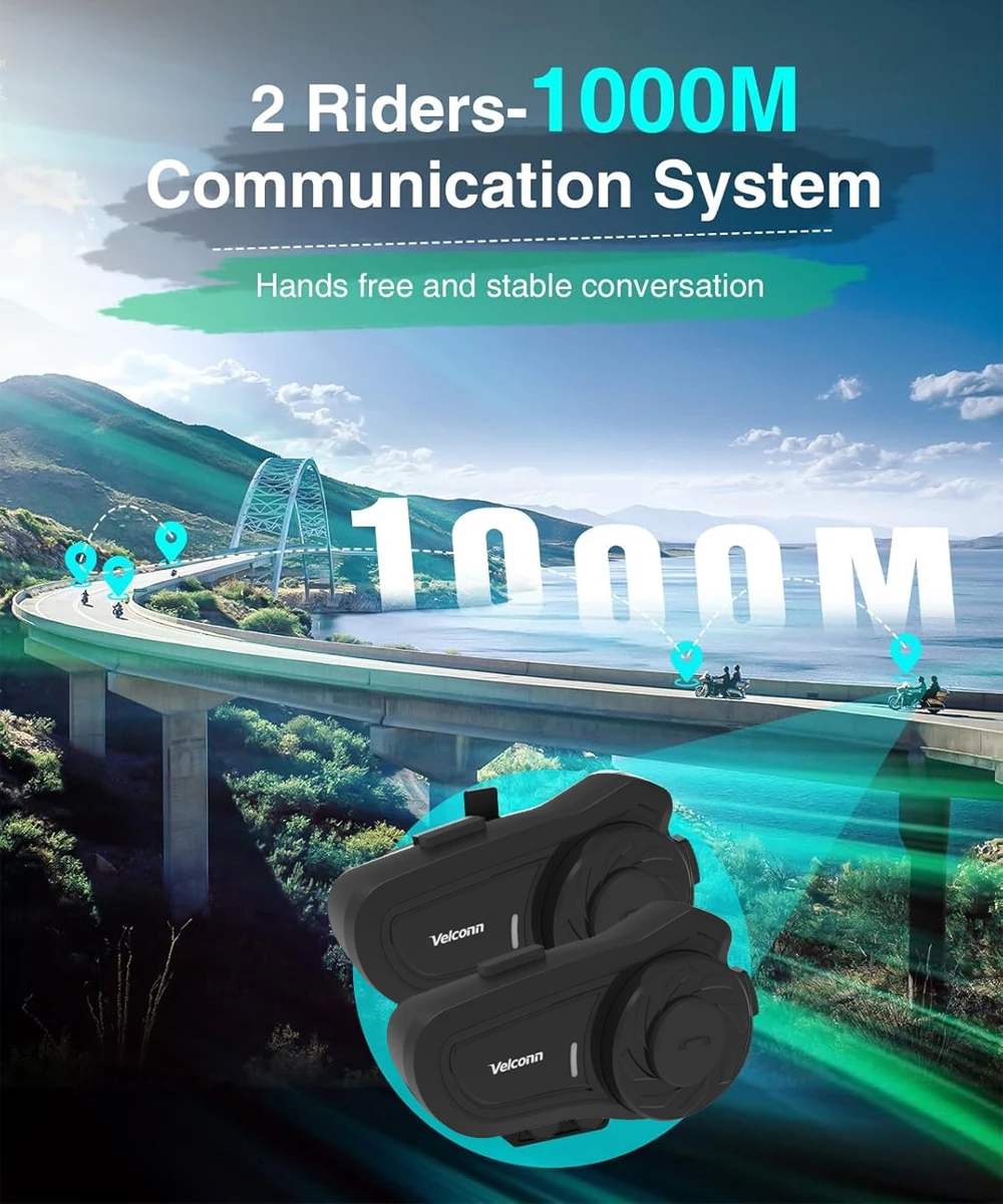 Velconn X2 Motorcycle Helmet Bluetooth Headset Music Sharing 2 Riders 1000M Full Duplex Interphone FM Radio IP65