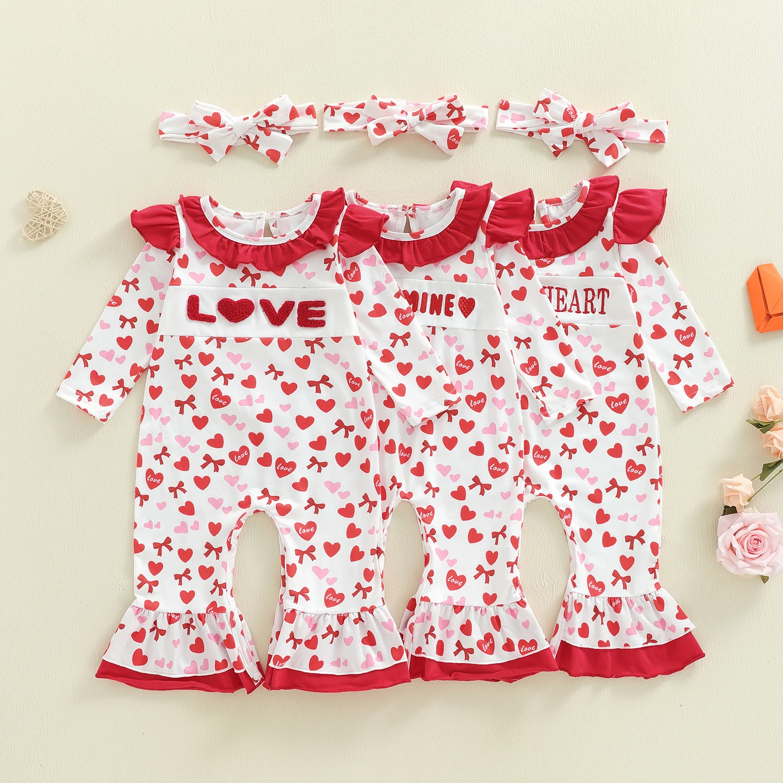 

Осенний наряд Tregren для маленьких девочек, комбинезон с длинными рукавами и бантом в форме сердца и повязкой на голову, детская одежда на День святого Валентина