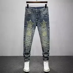 Street Fashion Men's Jeans Retro Washed Blue Elastic Slim Fit Split Patch Leather Jeans Men's Designer Hip Hop Jeans Pencil Pant
