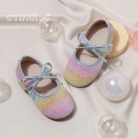 Bling Радужные блестящие балетки Детские балетки с круглым носком и галстуком-бабочкой на липучке Балетки на плоской подошве для девочек вечерние платья для сцены Лоферы