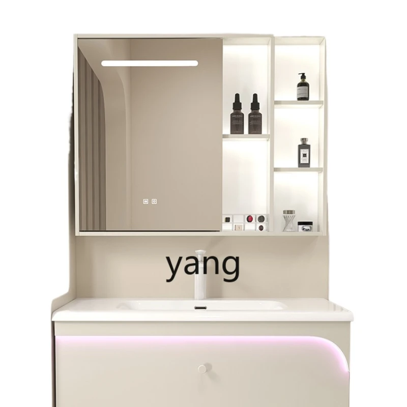 

Yjq Bathroom Cabinet Combination Light Cream Style Paint Door Panel Ceramic Whole Washbin Induction Light