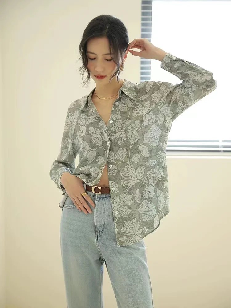 

Spring Summer Vintage Green Print Turn-down Collar Blouses Tops Women New Loose Long Sleeveless Single Breasted Shirt Streetwear