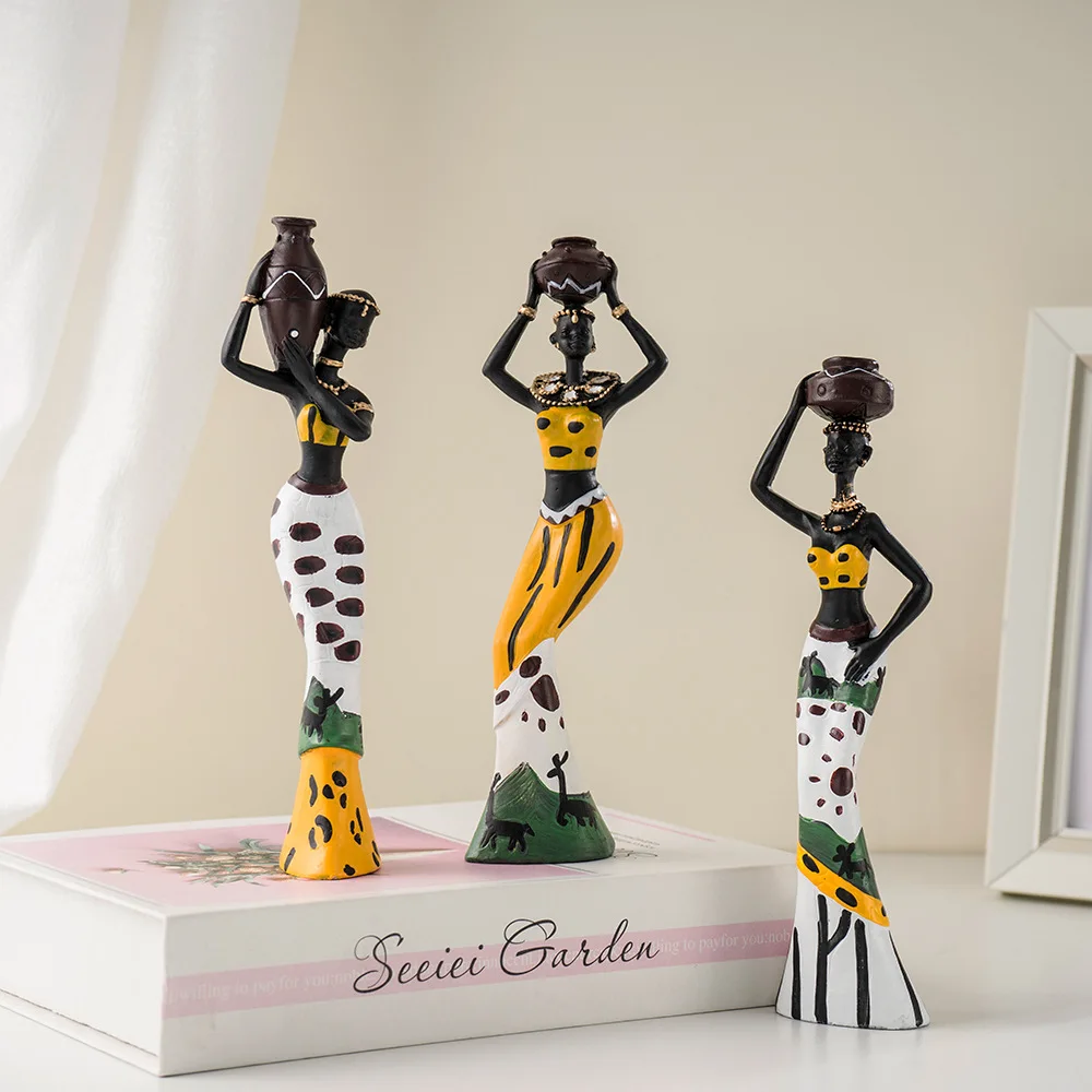 African Lady Resin Statue Ethnic Female Desktop Ornament Home Living Room Bookshelf Tabletop Decor Housewarming Gift Craft