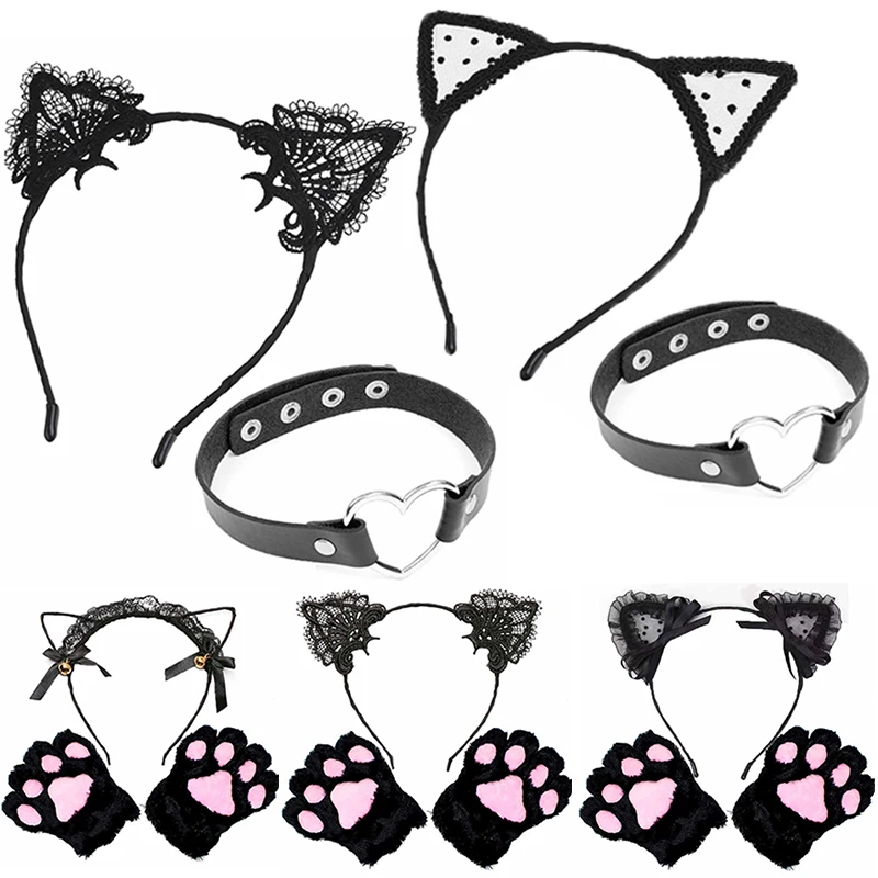 

Lace Cat Ears Headband Choker Set Women Girls Hair Hoop Party Decoration Sexy Lovely Cosplay Halloween Costume Hair Accessories