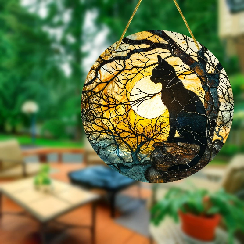 Black Cat Before Sunset Art Stained Window Hanging Sun Catcher Sunshade Sign Gift for Family Room Outdoor Decorative Art