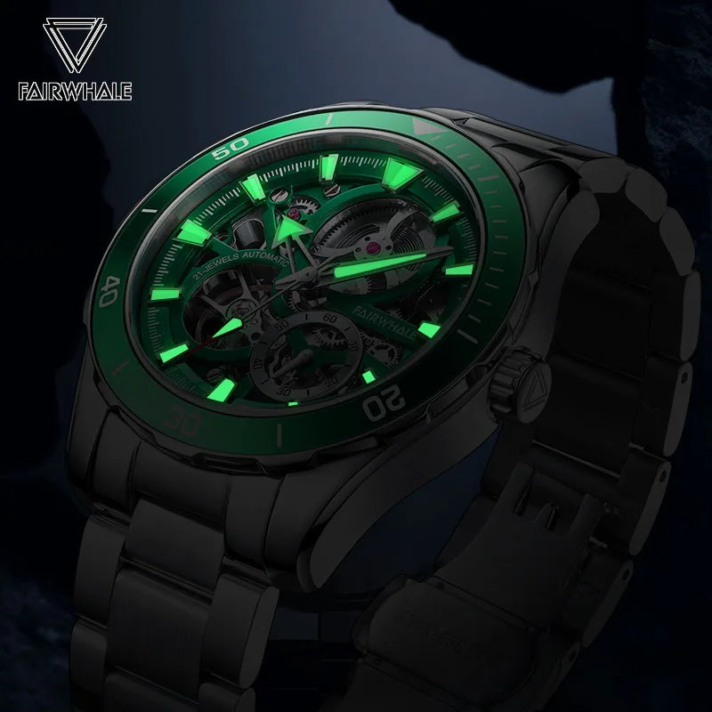 Fairwhale Fashion Automatic Watch For Mens Luxury Skeleton Clock Busines Mans Luminous Green Mechanical Wristwatch Free Shjpping