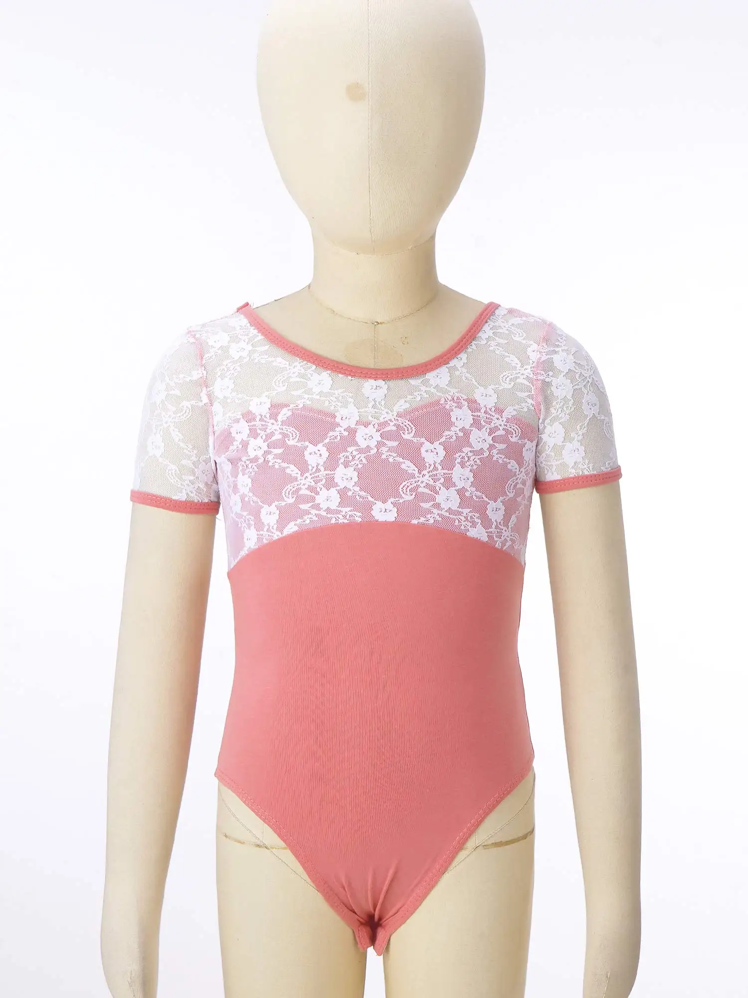 Teens Girls Short Sleeve Backless Dancewear Lace Mesh Ballet Gymnastics Leotard Kids Dance Class Training Performance Costume