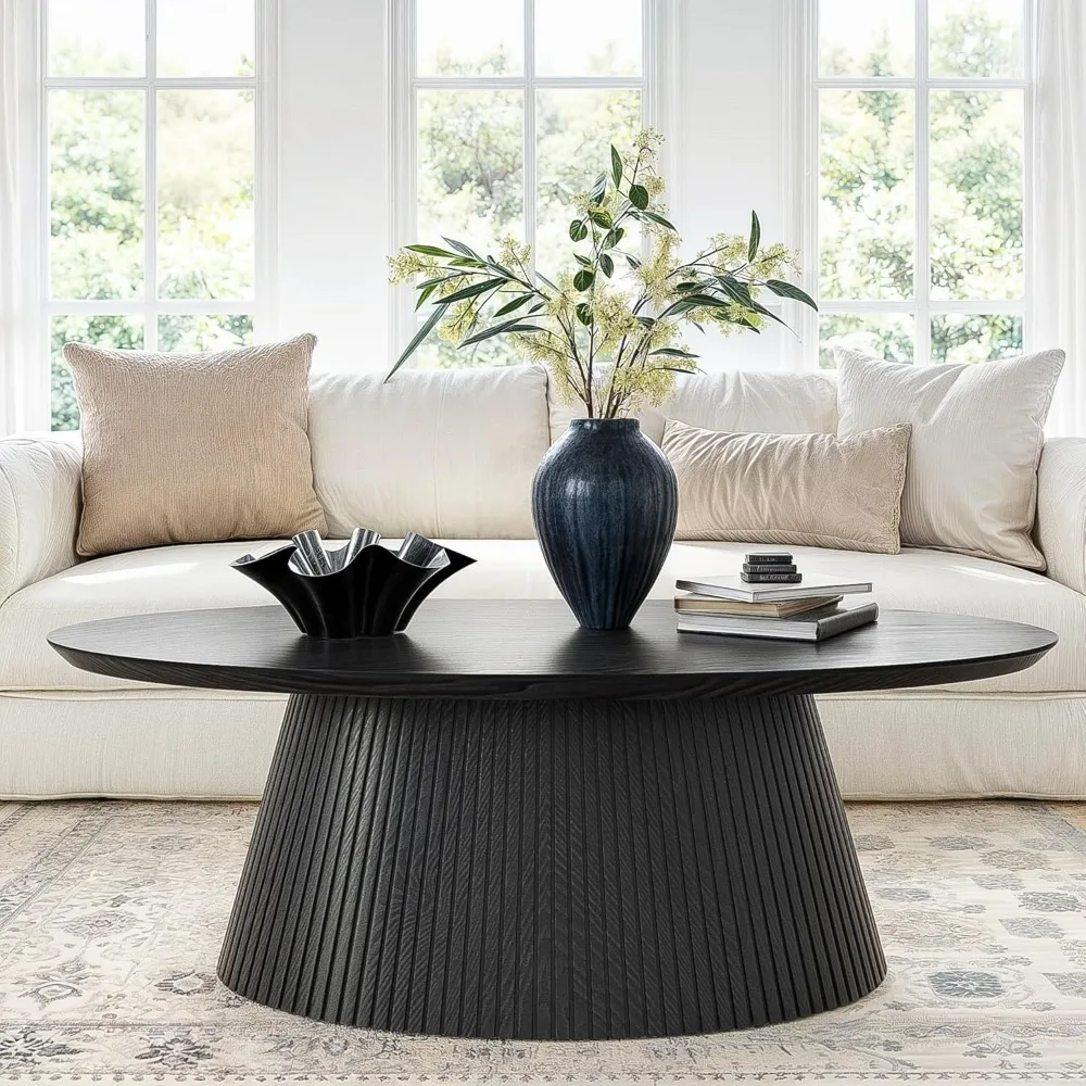 

Oval Coffee Table, Mid Century Modern Coffee Table with Fluted Design, Minimalist Tea Table with Wood Grain Veneer, Multifuncti