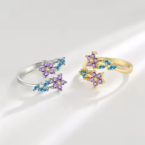 Charm Female Rainbow Zircon Stone Leaf Flower Adjustable Open Ring Gold Silver Color Cute Gift Wedding Jewelry For Women