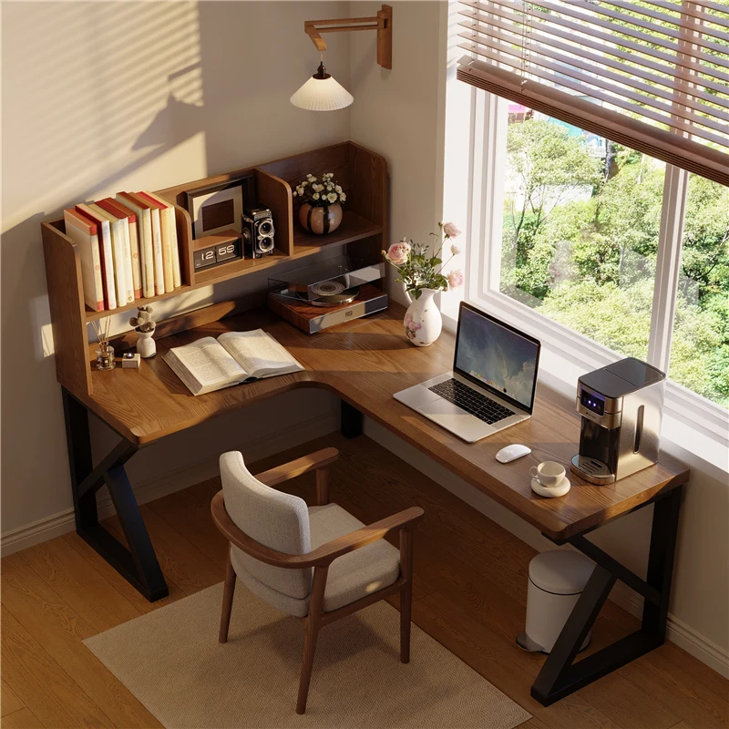 

Household solid wood corner bookcase, desk integrated study, bedroom l-shaped study desk 7-shaped writing workbench