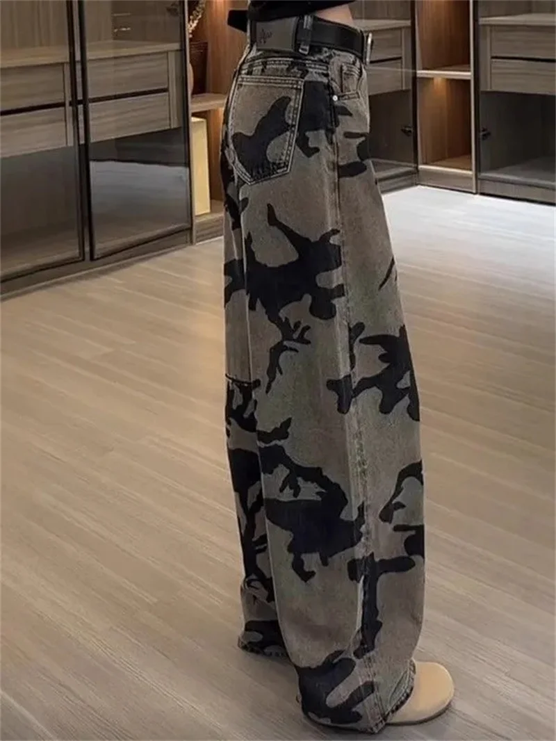 2026 ربيع الخريف موضة عالية الخصر التمويه الجينز بنطال ذو قصة أرجل واسعة النساء تصميم فضفاض مستقيم الساق كاوبوي السيدات بنطلون #5