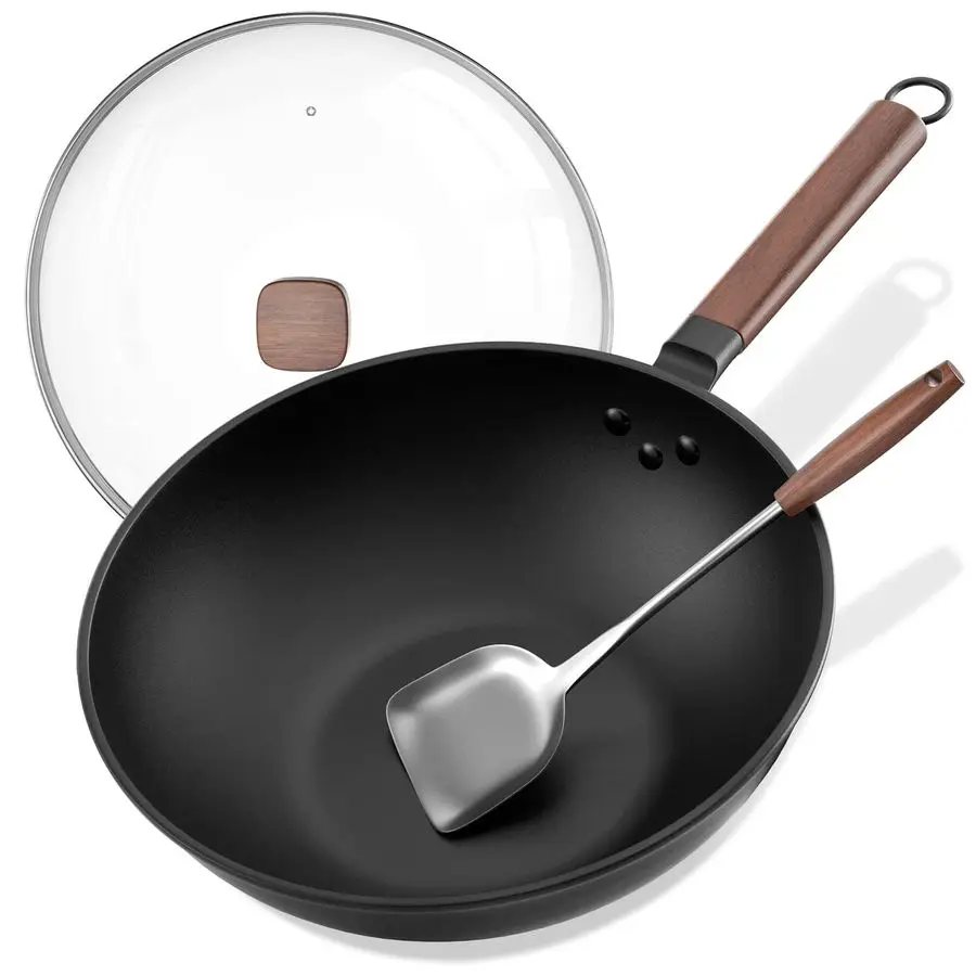 

Steel Wok Including Glass Cover and Steel Spatula, 13Inch Woks amp StirFry Pans for Induction, Electric, Gas Stoves