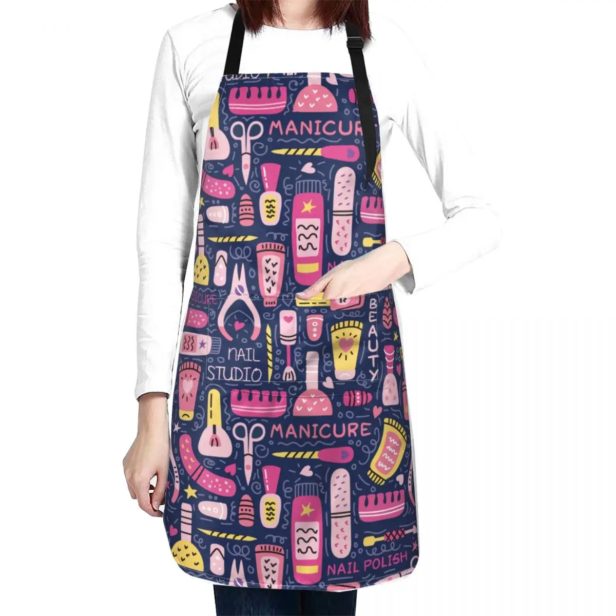 Manicure Nail Salon Studio Apron with 2 Pockets Waterdrop Resistant Adjustable Manicurist Apron for Working for Women