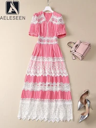 AELESEEN Runway Fashion Summer Pink Dress Women V-Neck Lace Patchwork High Street Elegant Midi Pleated Party Holiday