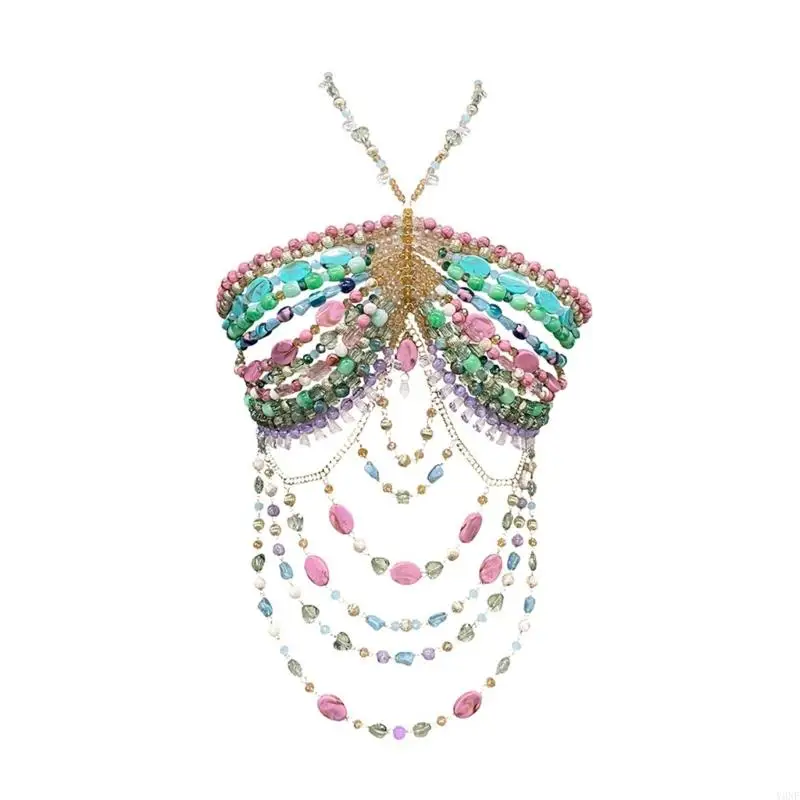 

Y3NE Colorful Abstract Acrylic Beaded Halter Crop Top Body Chain Jewelry Camisole