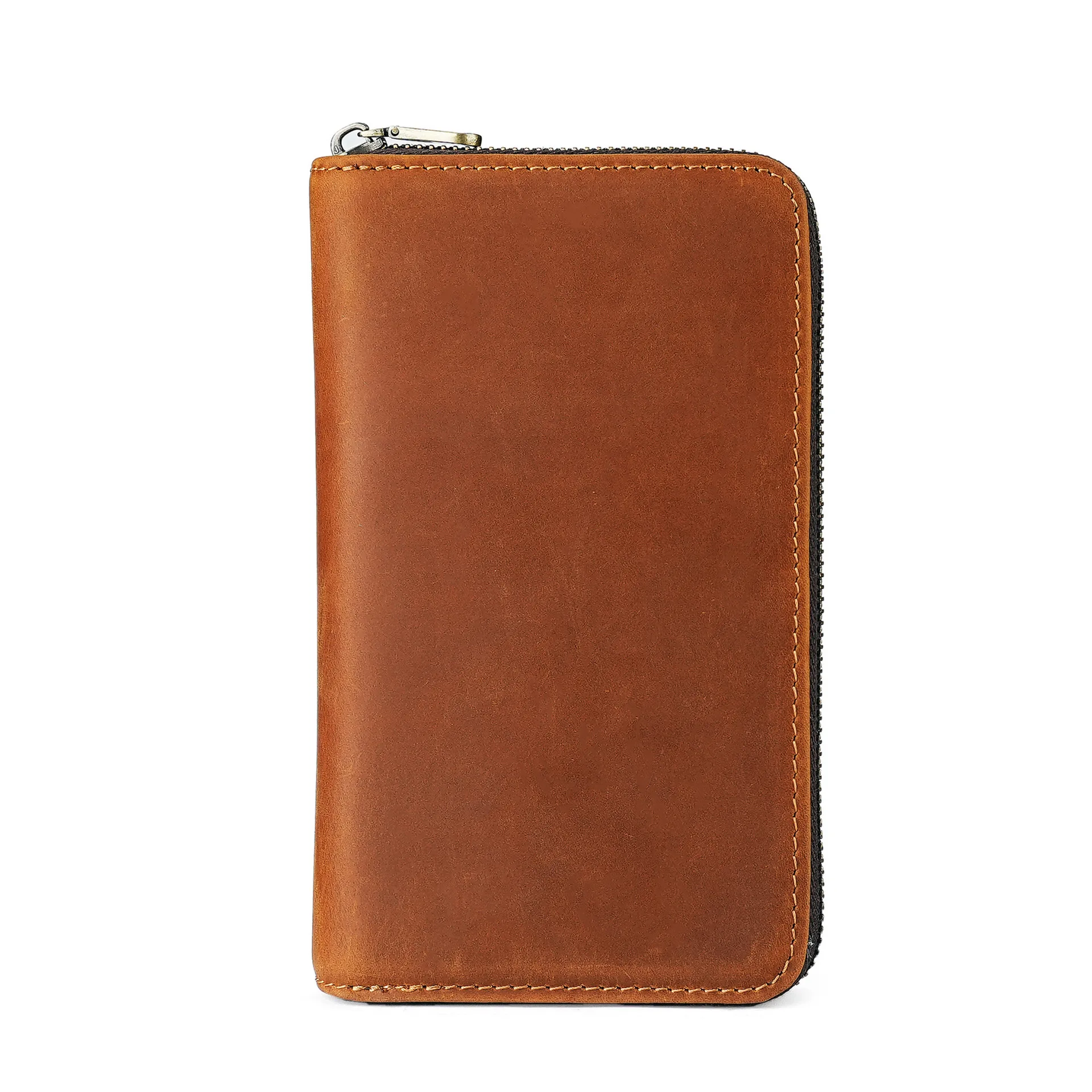 Cowhide Zipper Wallets with Pen Slots Crazy Horse Leather Large Capacity Money Pouch Handmade Vintage Stationery Gift for Men