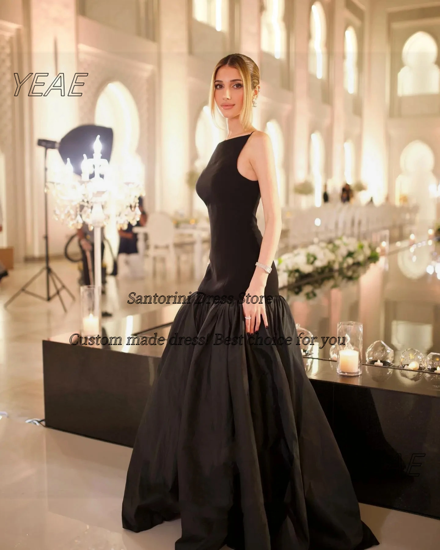 Santorini Customized Black Dresses for Prom Banquet Women Wear Sleeveless Evening Party Dress Long Ruched Vestidos Des Fiesta