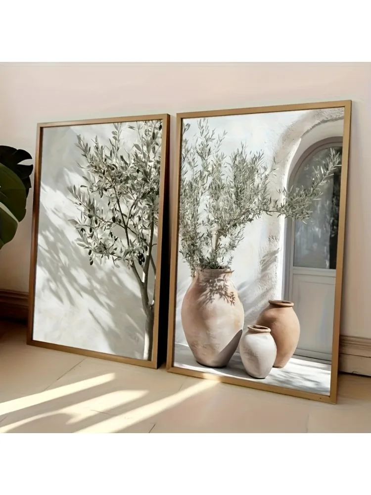 Impression murale 2D plate sans cadre, Vase d'ombre d'olivier, plantes méditerranéennes, impression murale de paysage de plante murale neutre