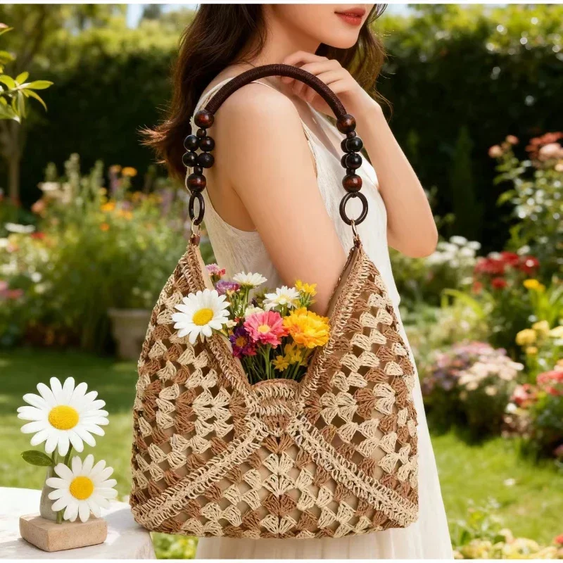 Hohl gestrickte Häkel-Schultertasche, Damen Casual Colorblock Handtasche für den Arbeitsweg, Leichte Sommer-Reisetasche – Detail 11