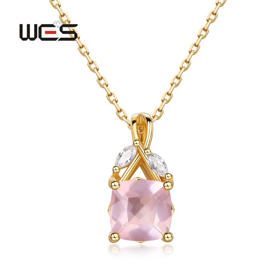 

WES 925 Sterling Silver Branch Pendant Necklace for Women Rose Quartz Natural October Birthstone 6*6mm Lady Gift Wholesale