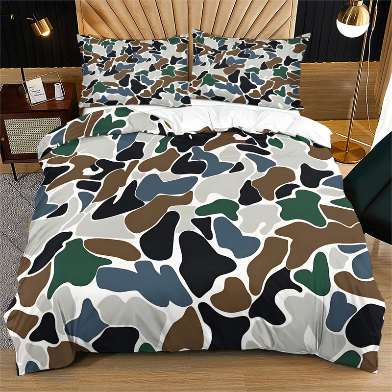 2/3Pcs Duvet Cover Set (No Comforter & Pillow Inserts),Color Block Camo Print,Soft Machine Washable,American School Dorm Bedding