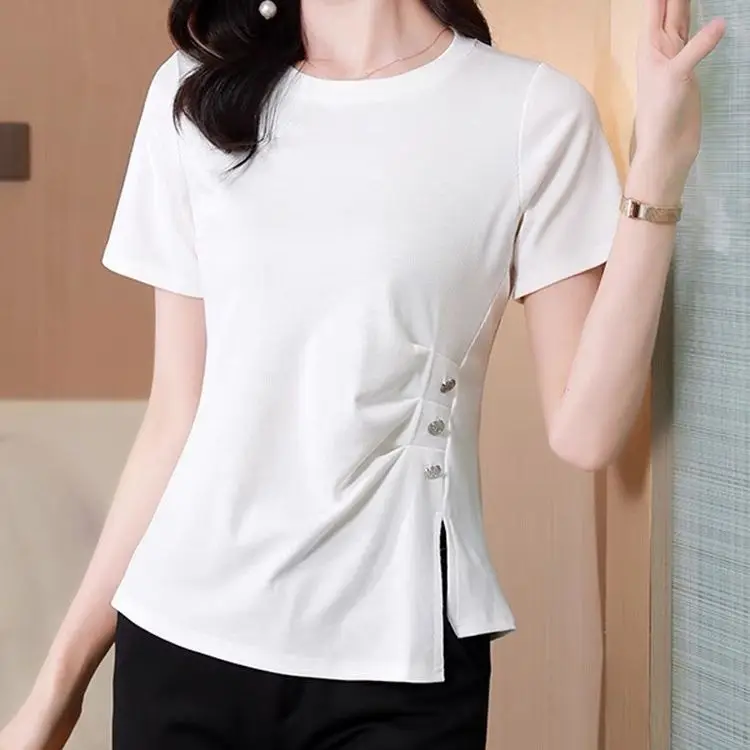 

Office Lady Flattering Short Sleeve Pullover Round Neck Solid Color Button Up Women's Clothing Summer T-shirt Elegant Tops