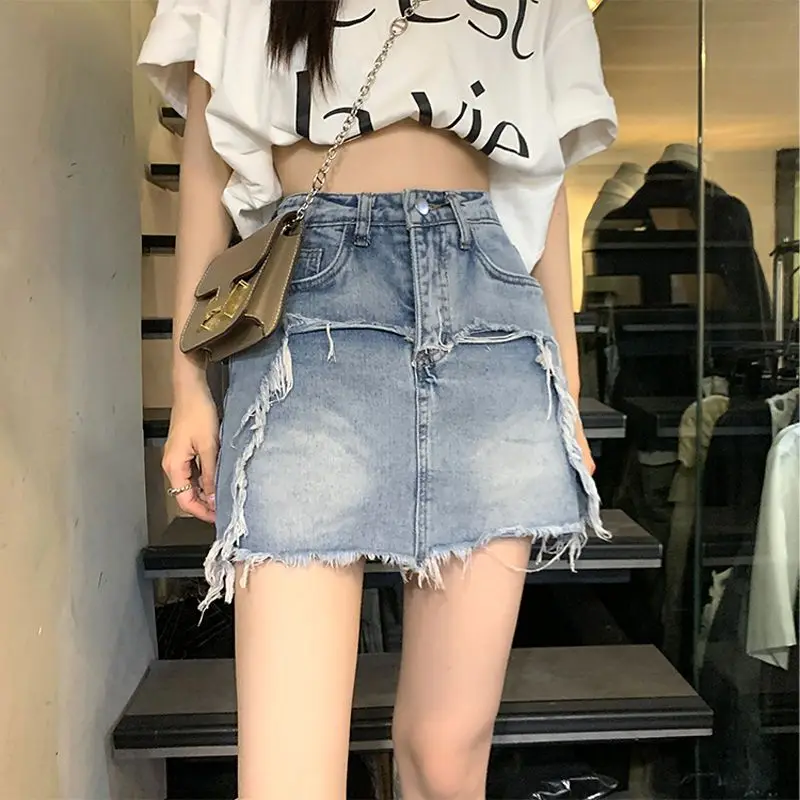 Denim Skirt High Quality Frayed Edge Design High Waist Women'S Spring And Summer 2024 New Slim A-Line Hip Skirt