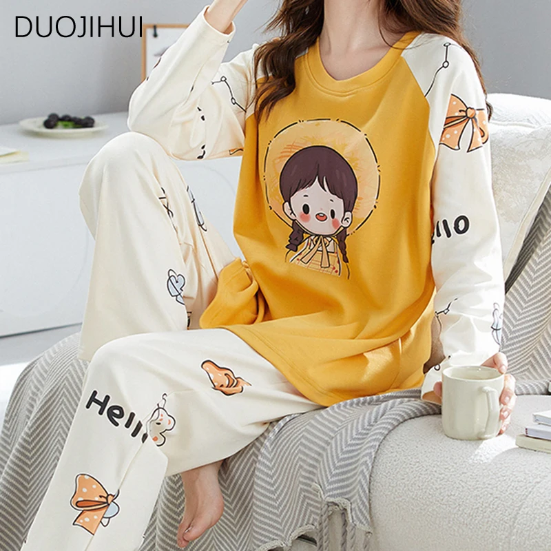 DUOJIHUI Contrast Color Chic Printed Home Pajamas for Women Spring O-neck Pullover Basic Pant Fashion Casual Female Pajamas Sets