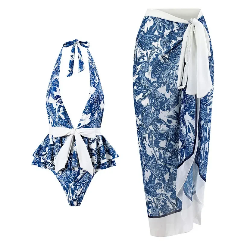 Luxury Elegant Dragonfly Print Bikini Sets Swimsuit & Skirt One Piece Swimwear Women Female Cover Up Brazilian Bathing Suit