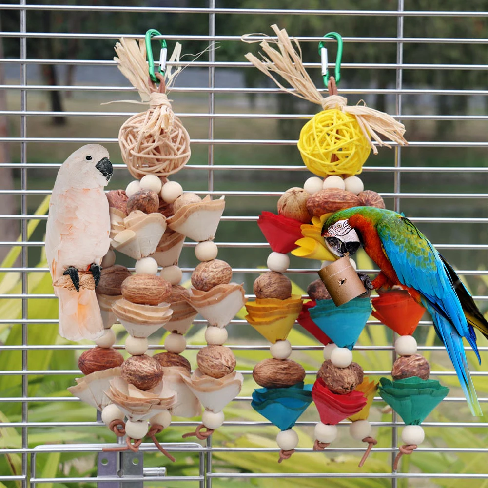 Bird Chewing Toys Natural Rattan Ball Wood Beads Bark String Parrot Bite Toys With Metal Hook Bird Cage Accessories for Parrots