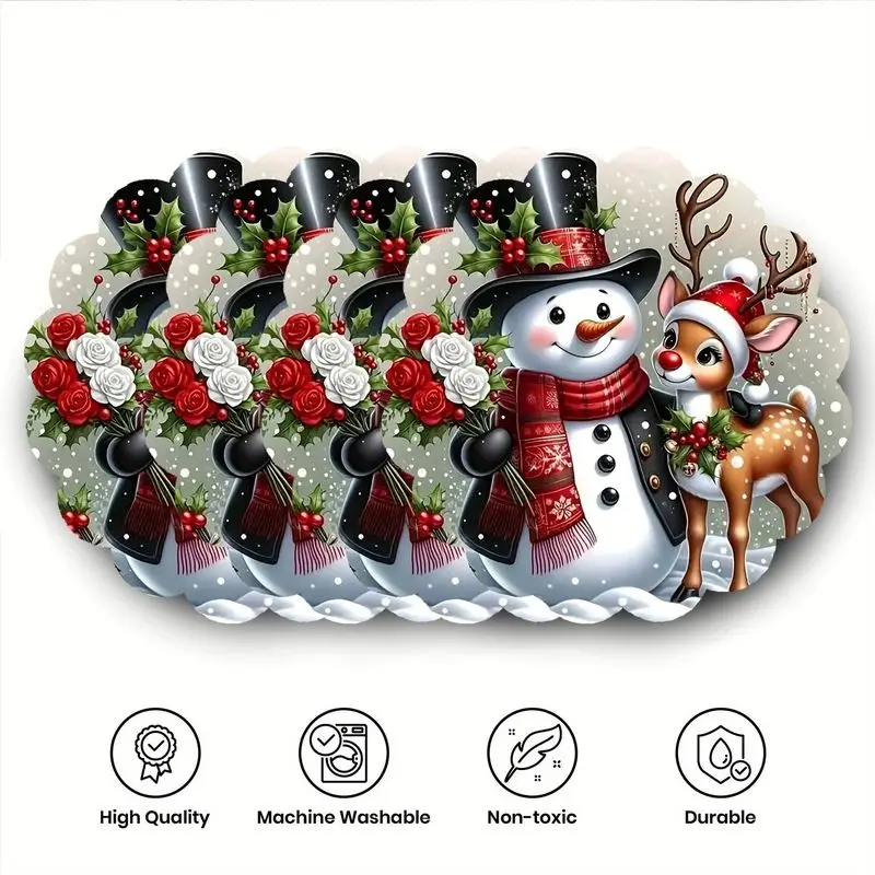 Cute Snowman Reindeer Christmas Lace Placemat, Wear-Resistant Plate Mat for Home Dining Table Decoration and Holiday Party