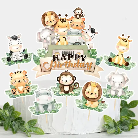 Djungeldjur Tårtdekorationer för födelsedagstårtor, djurtema, djungelfödelsedag, babyshower, festtillbehör 10 best sales tårtdekoration för babyn - №8