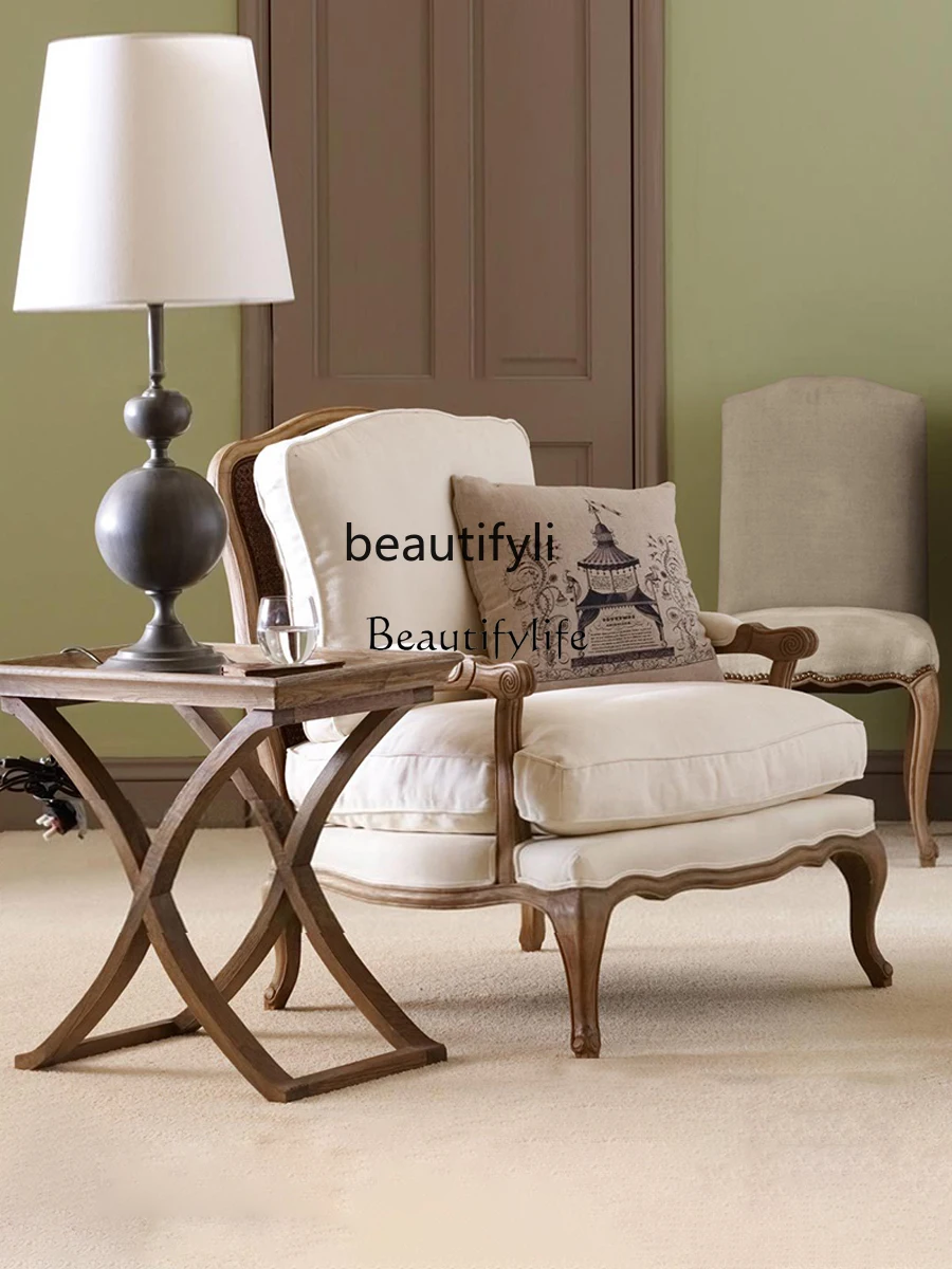 French Retro Solid Wood Single-Seat Sofa Chair Balcony Bedroom Leisure Chair Wingback Chair Negotiation Tea