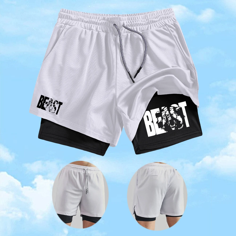 

Men's Quick Drying Double Layer Fitness Shorts Creative BEAST Word Print Casual Beach Shorts Outdoor Fitness Running Shorts