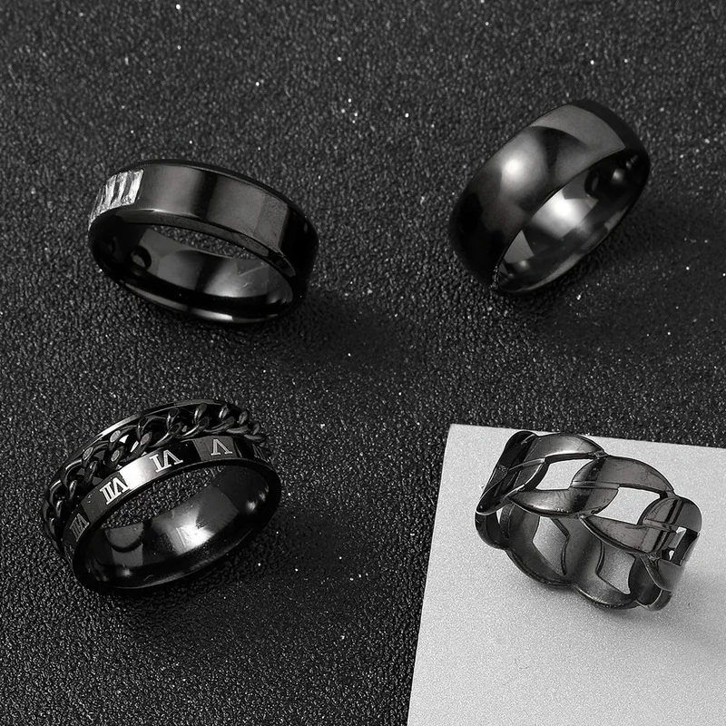 Men Black Stainless Steel Spinner Ring Hollow Chain Roman Number Carved Glossy Wide Band Hip‑Hop Trendy Male Finger Jewelry