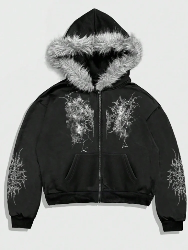 Damen Y2K Retro Grafikdruck Fleece Hoodie Warm Gemütlich Langarm Streetwear Pullover