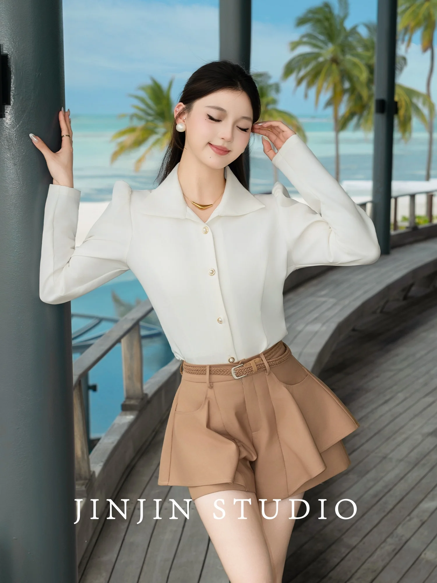 

Original MD Slimming Long Sve Spring 2026 Faionable European Sle irt Versatile Workwear for Women Straight Cut Polye...