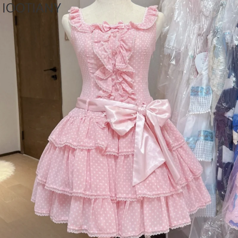 

Japanese-style Cute Pink Polka Dot Princess Fashion Patchwork Strapless Sleeveless Ruffled Dress Women's Pure Desire Maid Outfit
