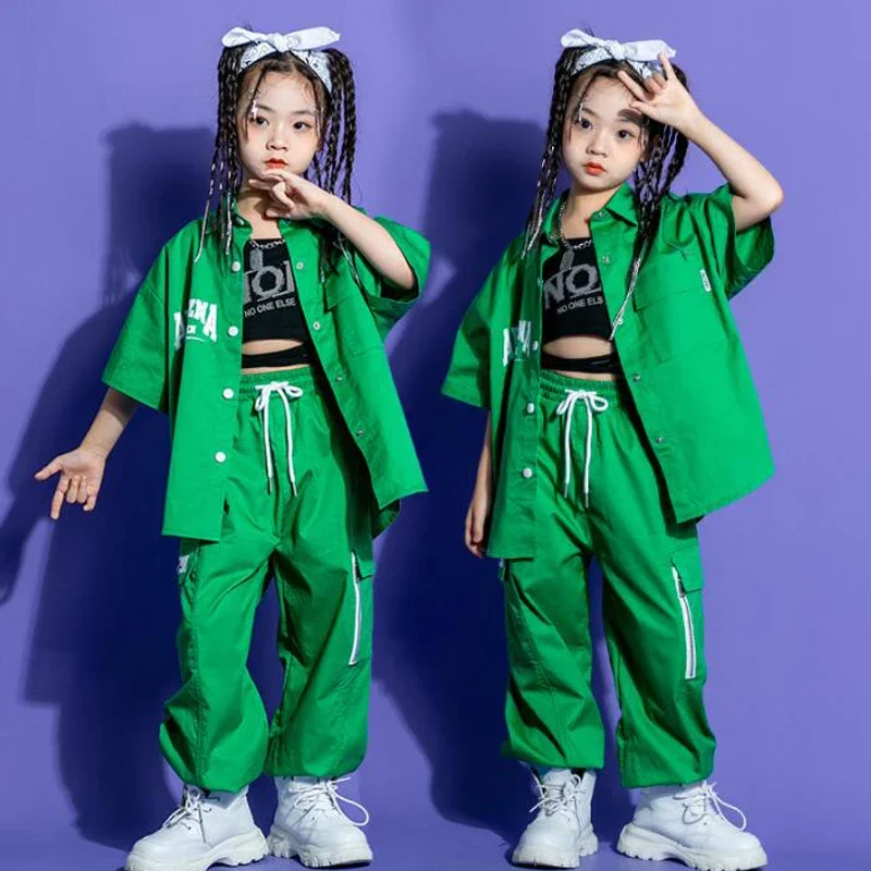 Pants For Girl Boys Jazz Dance Costume Rave Clothes Kids Concert Kpop Hip Hop Clothing Green Cardigan Shirt Tops Cargo Shorts