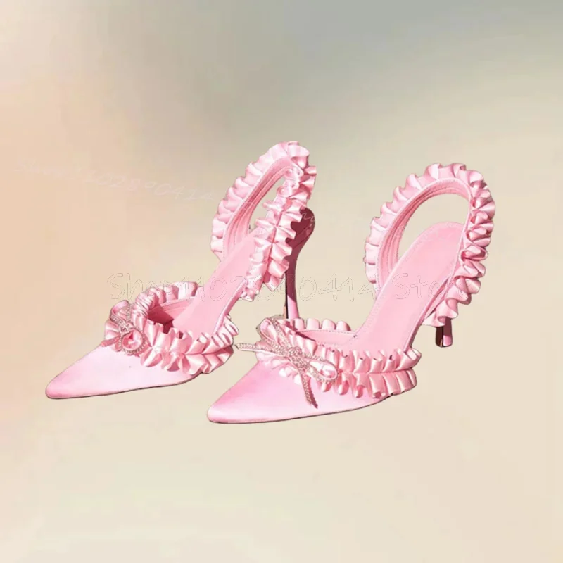 

Pink Ruffles Bow Knot Decor Pointed Toe Pumps Slip On Women Shoes Thin High Heels Fashion Party Runway 2025 Zapatos Para Mujere